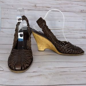 MICHAEL KORS Brown Leather Huarache Wedge Heels 10